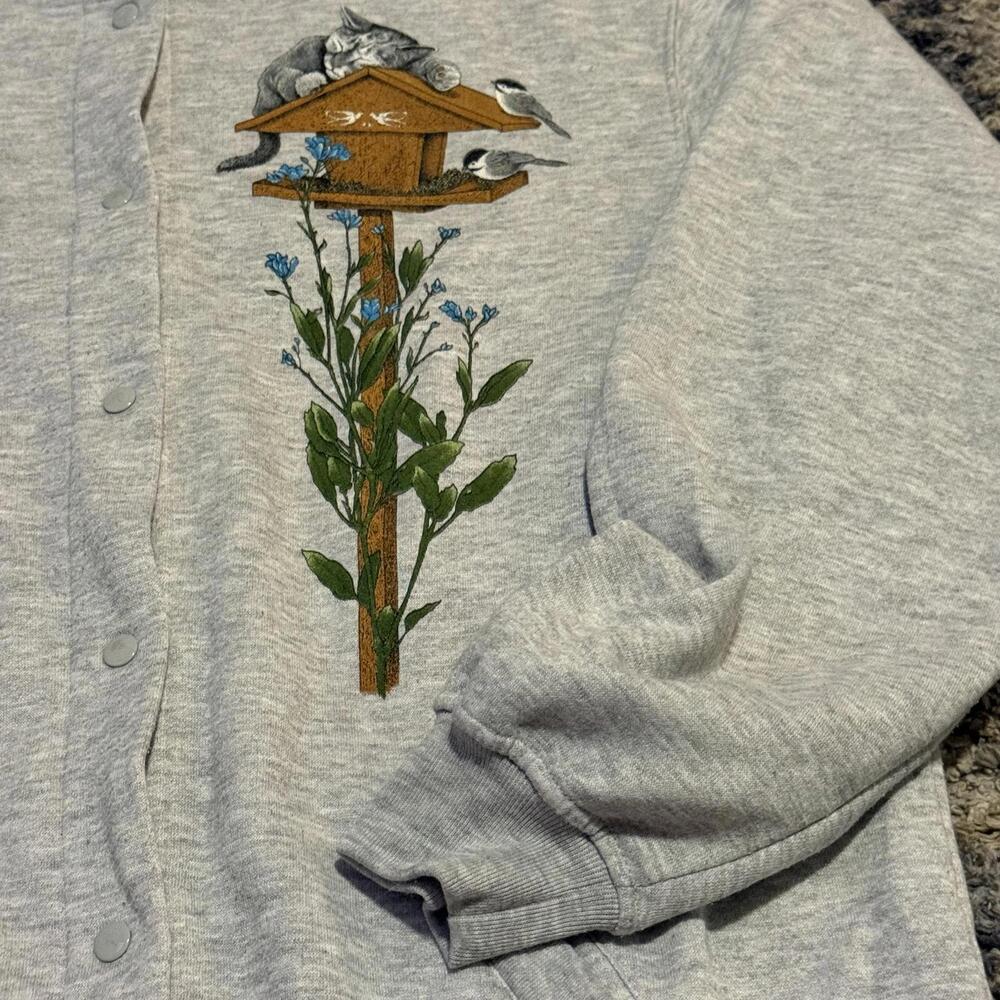 Vintage Cottagecore Birdhouse Embroidered Snap Cardigan Gray Large - Picture 4 of 7